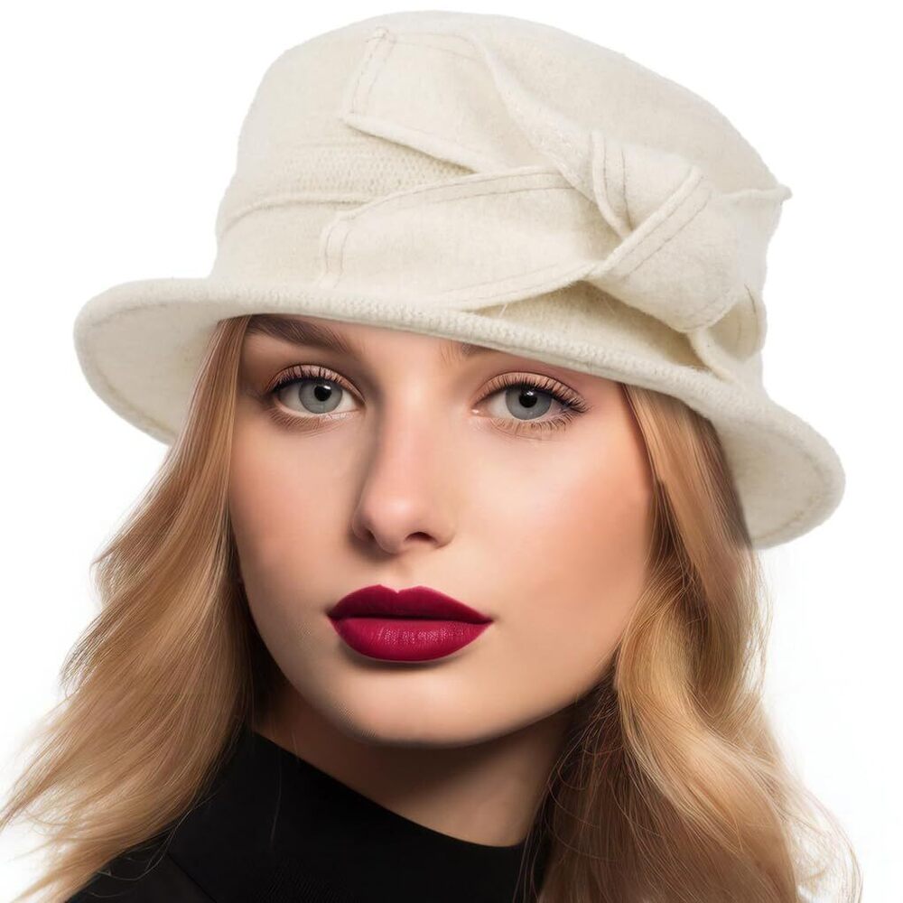 6428 Women Vintage Felt Bucket Hat Winter Wool Dress Beret Hat (c021-cream)